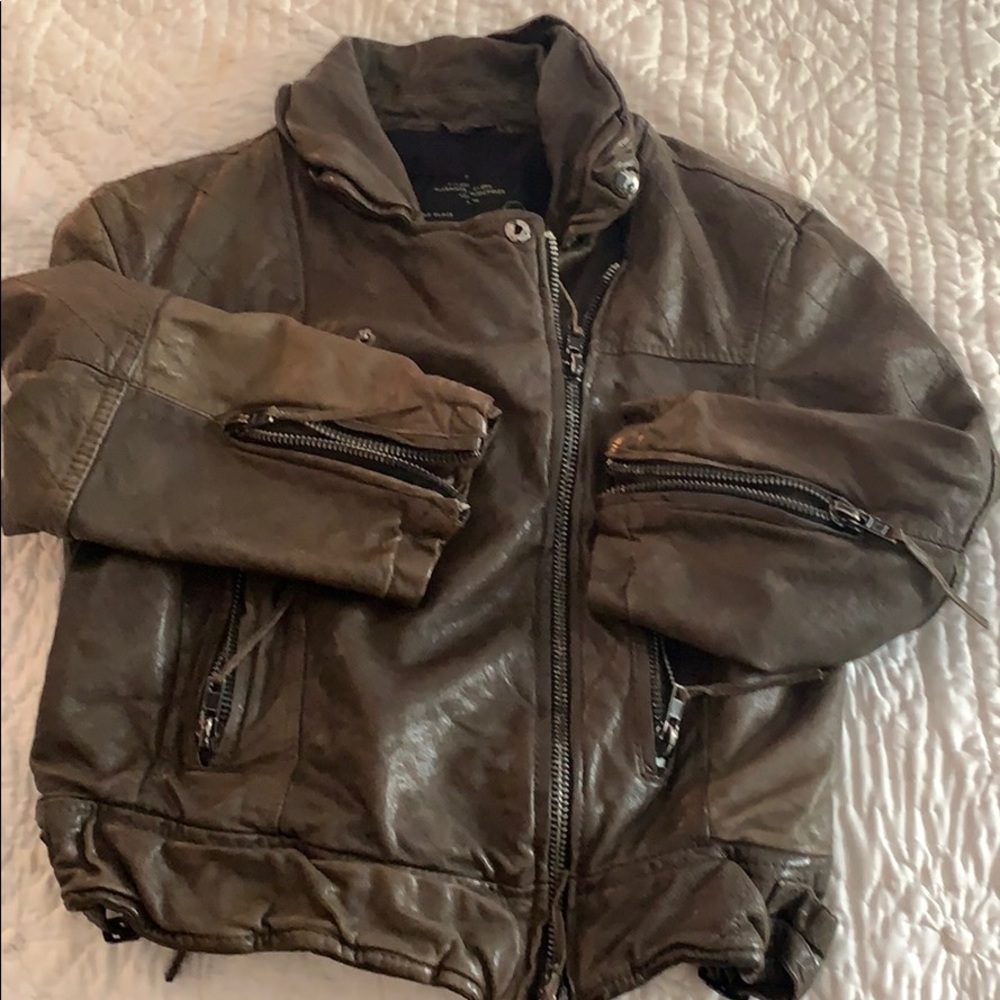 All Saints Bomber Jacket Olive Green Leather
